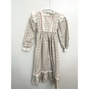 Vintage 1970s Cinderella Calico Floral Prairie Girls Hippy Dress Size 6 6X Lace